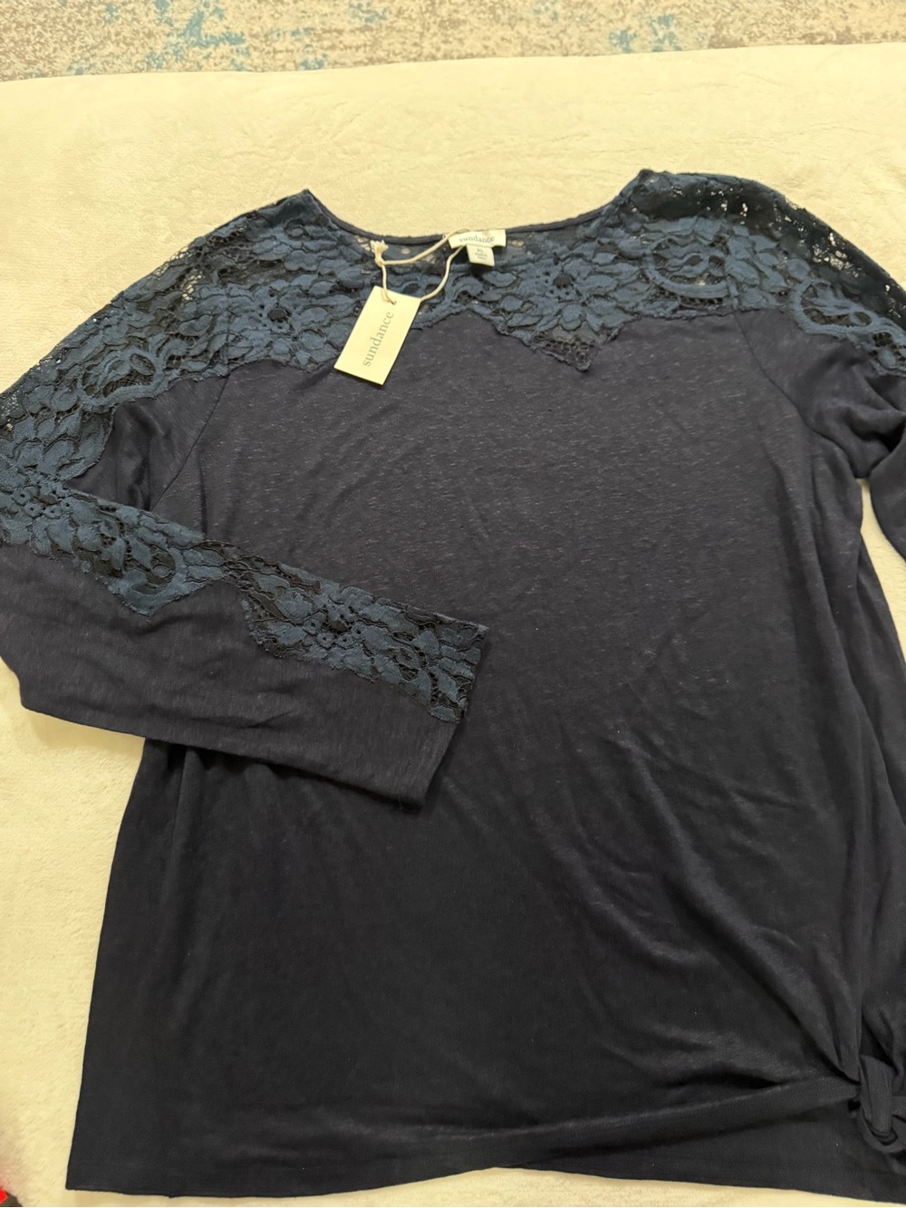 Sundance Navy Blue Top with Lace Sleeves Size XL NEW E04
